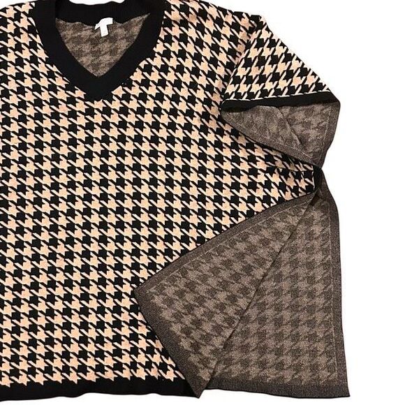 TALBOTS Houndstooth Poncho Sweater Cape 100% Cotton S/M Tan & Black NEW, No Tags - Picture 8 of 9